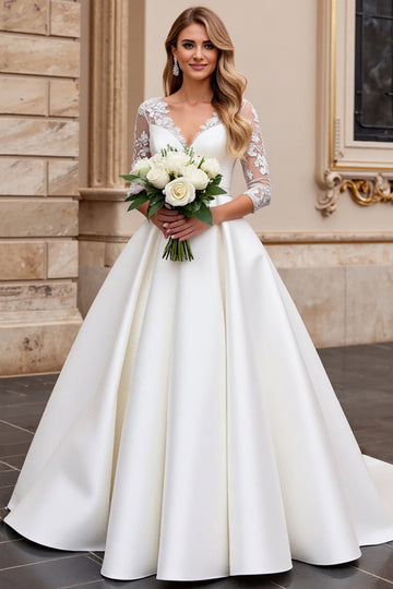 A Line Long Sleeves lvory Appliqued Wedding Dress